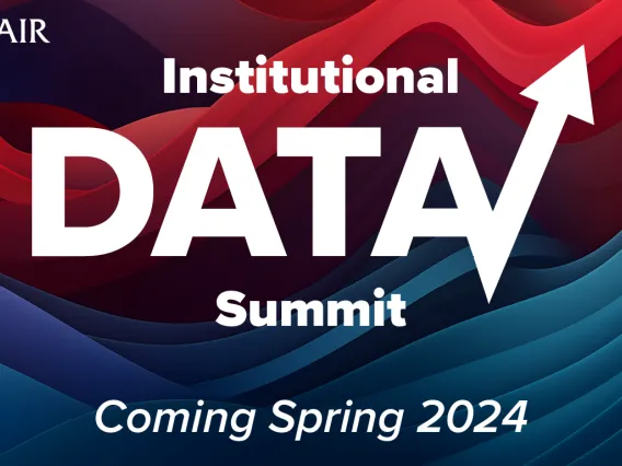 Red and Blue wave background with the text "Institutional Data Summit Coming Spring 2024" overlaid. The UAIR logo in the top left corner.