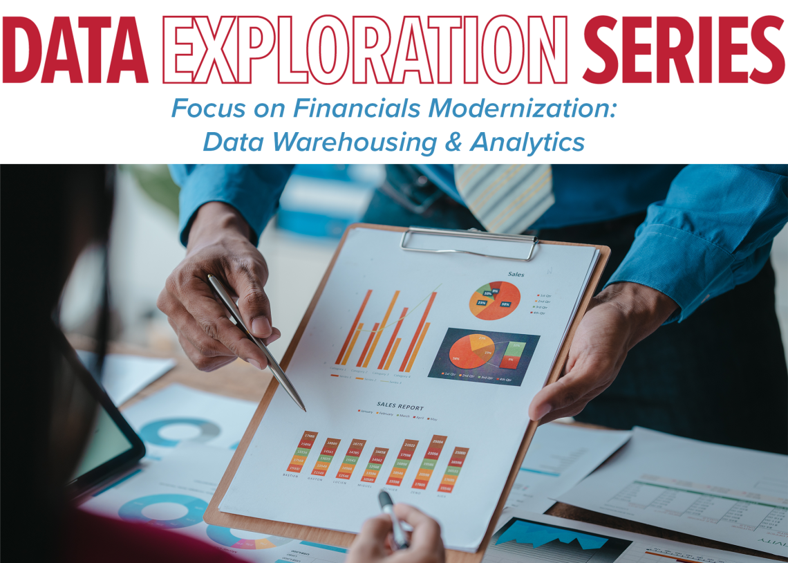 Banner image for Data Exploration Series | Focus on Financials Modernization showing people looking at financial reports.