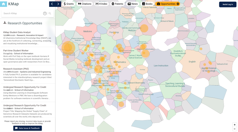 Screen capture of the KMap interactive map showing data on research opportunities at UArizona
