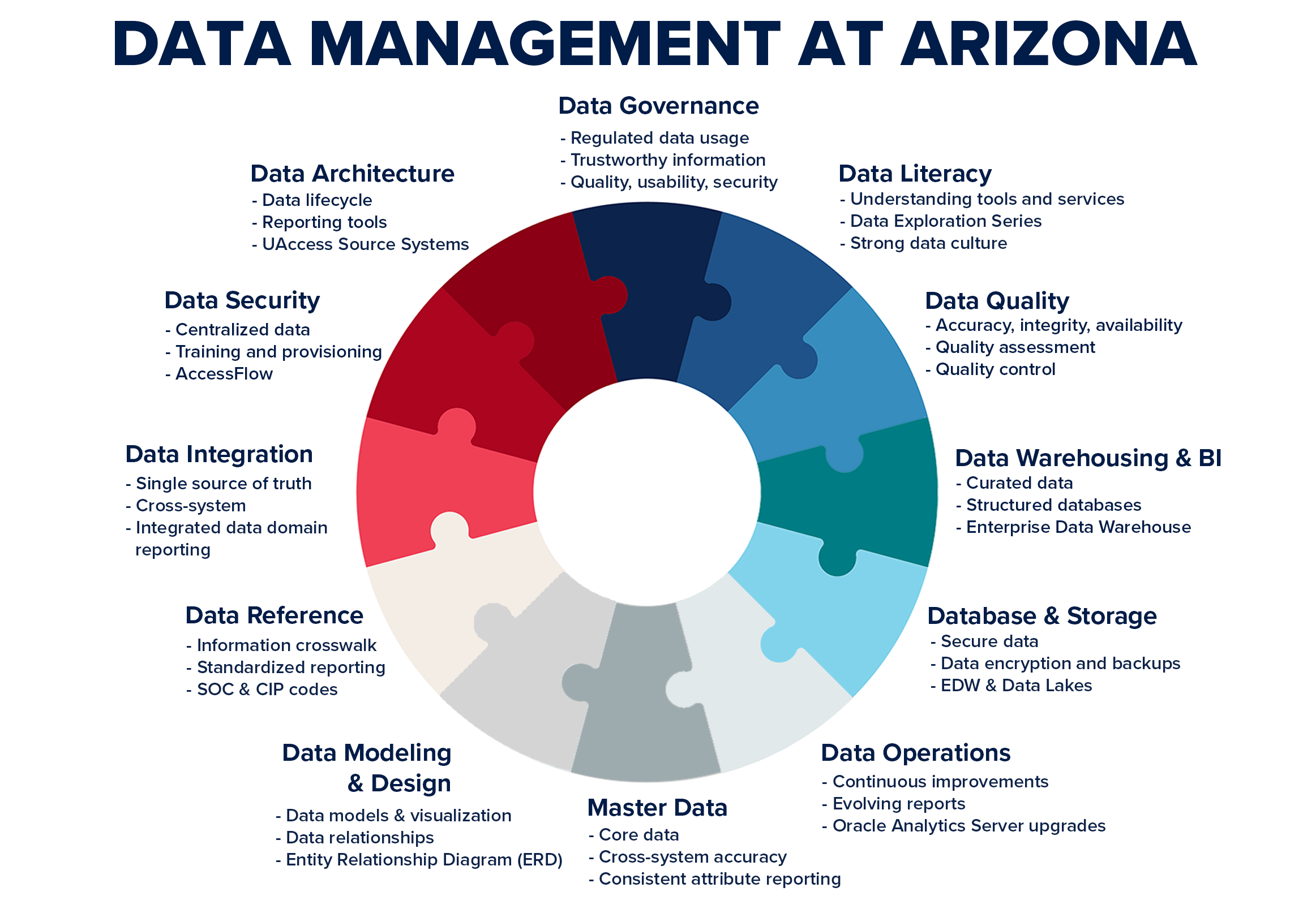 12 piece puzzle wheel using university brand colors that highlights each of the 12 data management practices