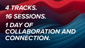 Data Summit Slogan that says: 4 Tracks. 16 Sessions. 1 Day of Collaboration and Connection. On a red and blue graphic