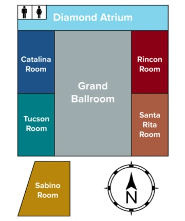 Map of the Student Union Memorial Center 3rd Level with locations for the Ballroom, Santa Rita room, Tucson room, Catalina room, Rincon room, Diamond Atrium, and nearby bathrooms marked.